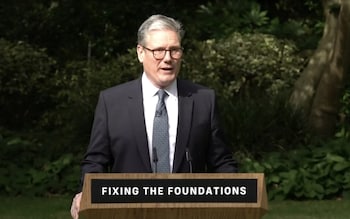 Sir Keir Starmer, the Prime Minister, delivers a speech in the No 10 Rose Garden this morning 