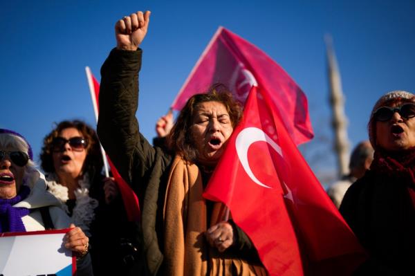 People shout slogans during a protest against the Sweden's NATO membership called by Turkish Vatan, or Patriotic Party, in Istanbul, Turkey, Tuesday, Jan. 23, 2024.