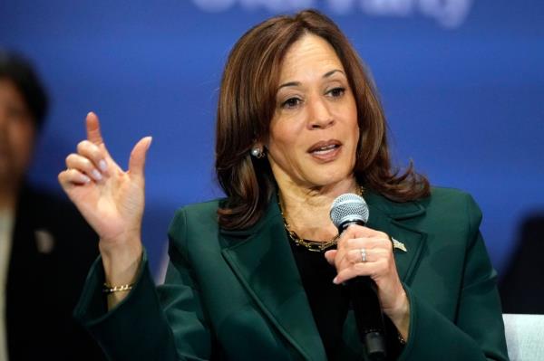 Vice President Kamala Harris holding a microphone at a campaign event with former Rep. Liz Cheney in Brookfield, Wisco<em></em>nsin on October 21, 2024