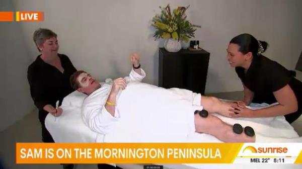 Natalie Barr, Matt Shirvington and Edwina Bartholomew react to Sam Mac’s live cross. 