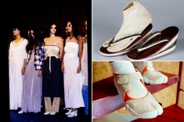 Japanese worker shoes (top right) inspired designer Martin Margiela’s Tabi shoe (left) and has been interpreted by brands including Nike (bottom right).