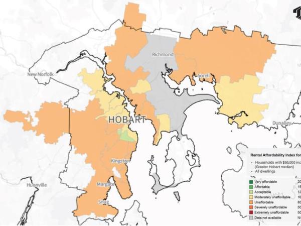 For people on average incomes, almost all parts of Greater Hobart are co<em></em>nsidered moderately unaffordable or unaffordable.