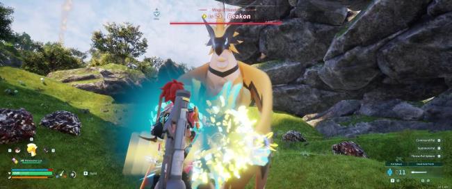 A picture showing Alpha Boss Beakon from Palworld Attacking the player.