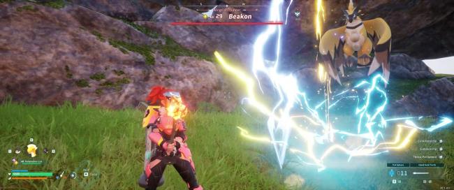 A picture of Alpha Boss Beakon in Palworld using Lightning Streak.