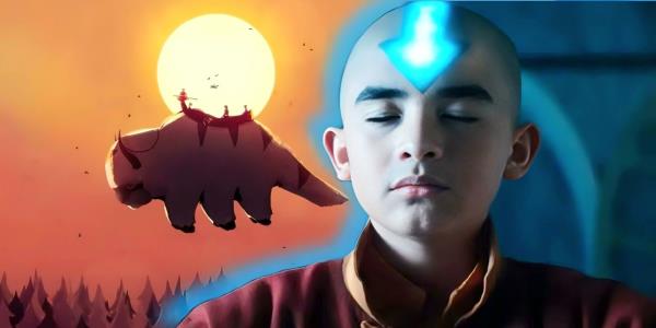 Gordon Cormier as Aang as in Netflix's Avatar: The Last Airbender with Appa flying in the background.