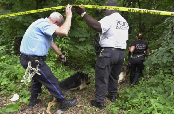 Philadelphia K-9 unit police walk into an area of Fairmount Park wher<em></em>e the body of a woman, suspected to be that of fourth-year medical student Rebecca Park, was discovered, July 17, 2003, during an o<em></em>ngoing investigation of the scene the following day, July 18, in Philadelphia. (Jacqueline Larma/AP)