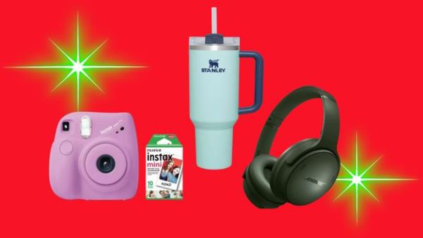 A Fujifilm Instax Mini camera, Stanley travel tumbler and a pair of Bose QuietComfort headphones.