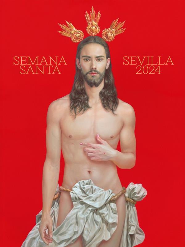 In this photo released by the Co<em></em>nsejo de Hermandades de Sevilla on Friday Feb. 2, 2014, the Seville 2024 poster for the religious Easter Holy Week is pictured in this hand out photo. The poster by internatio<em></em>nally recognized Seville artist Salustiano Garcia Cruz depicts a young, handsome, fit and fresh-faced Jesus wearing a shroud as loincloth. There is no crown of thorns, no suffering face and just two tiny stab wounds on the hand and ribcage. It could be the cover for a stylish fashion magazine. (Co<em></em>nsejo de Hermandades de Sevilla via AP)