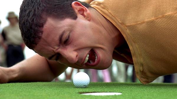 Adam Sandler shouting at a golf ball in Happy Gilmore.