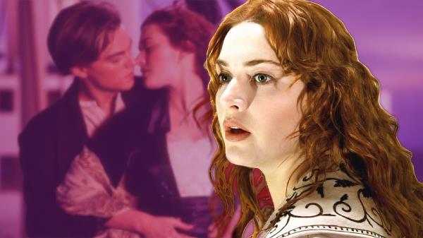 Kate Winslet in Titanic with background Leo<em></em>nardo DiCaprio kiss