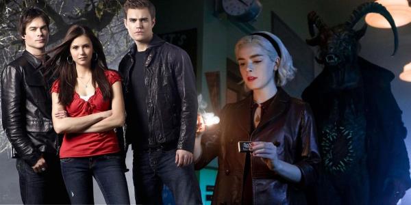 Collage of Damon, Elena and Stefan from from Vampire Diaries and Sabrina from Chilling Adventures of Sabrina